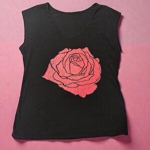 Black Sleeveless Top with Pink Rose Design